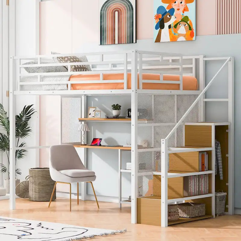 Lit mezzanine double en métal blanc avec armoire, bureau et étagères de rangement pour chambre à coucher