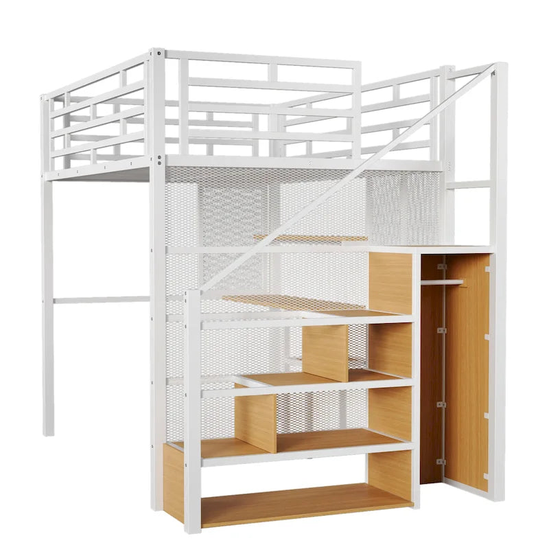 Lit mezzanine double en métal blanc avec armoire, bureau et étagères de rangement pour chambre à coucher
