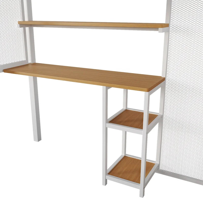 Lit mezzanine double en métal blanc avec armoire, bureau et étagères de rangement pour chambre à coucher
