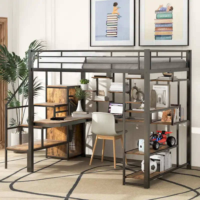 Lit mezzanine double en métal noir avec escalier de rangement et petite armoire