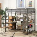 Lit mezzanine double en métal noir avec escalier de rangement et petite armoire