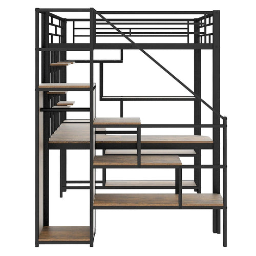Black Full Size Metal Loft Bed with Storage Staircase and Small Wardrobe