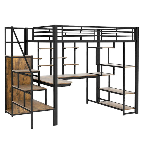 Lit mezzanine double en métal noir avec escalier de rangement et petite armoire