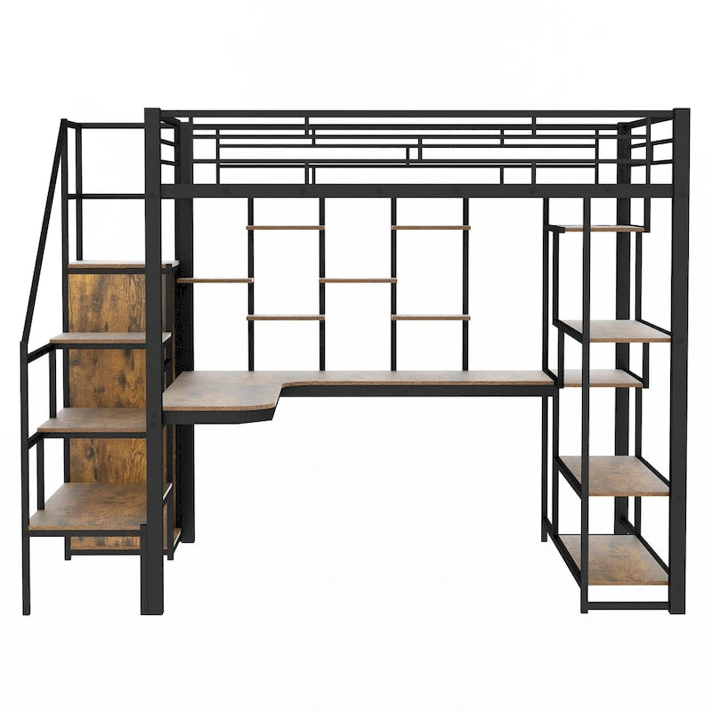 Lit mezzanine double en métal noir avec escalier de rangement et petite armoire