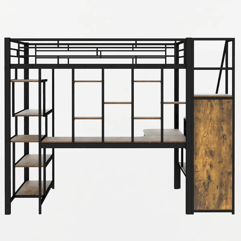 Lit mezzanine double en métal noir avec escalier de rangement et petite armoire