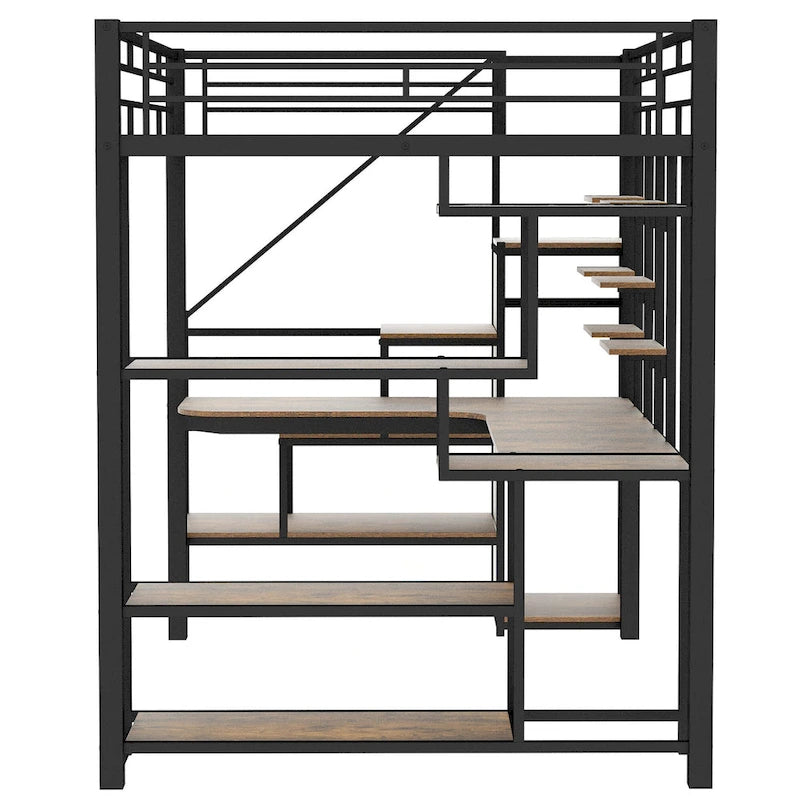 Lit mezzanine double en métal noir avec escalier de rangement et petite armoire