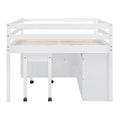 White Full Size Solid Wood Loft Bed with Retractable Desk and Drawers