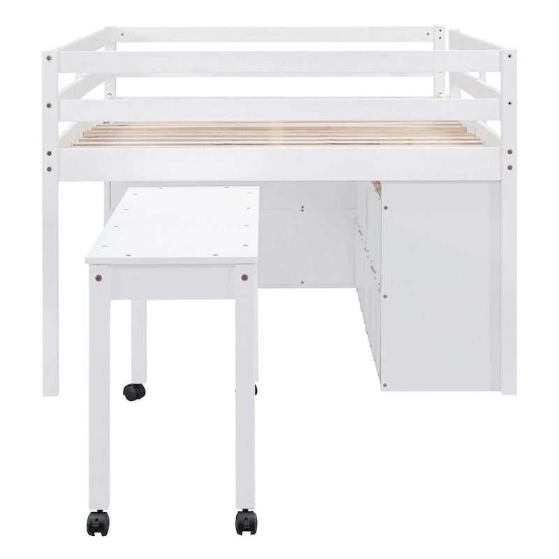 Lit mezzanine pleine grandeur en bois massif blanc avec bureau escamotable et tiroirs