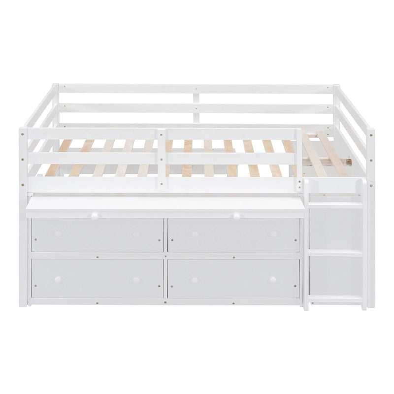 Lit mezzanine pleine grandeur en bois massif blanc avec bureau escamotable et tiroirs