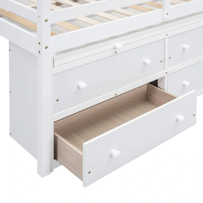 Lit mezzanine pleine grandeur en bois massif blanc avec bureau escamotable et tiroirs