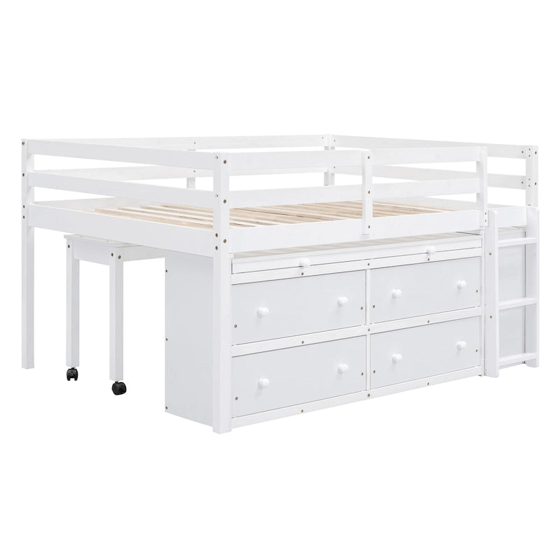 Lit mezzanine pleine grandeur en bois massif blanc avec bureau escamotable et tiroirs