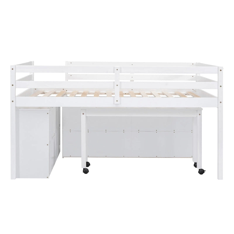 Lit mezzanine pleine grandeur en bois massif blanc avec bureau escamotable et tiroirs