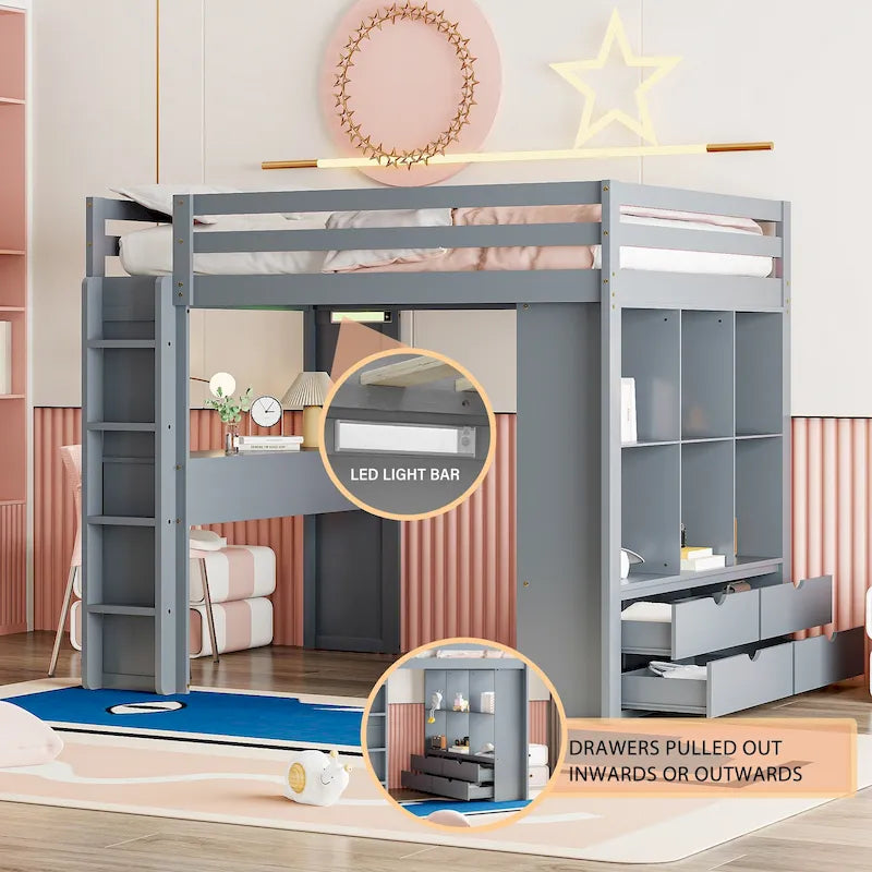 Lit mezzanine gris en bois massif, avec étagères, bureau et éclairage LED