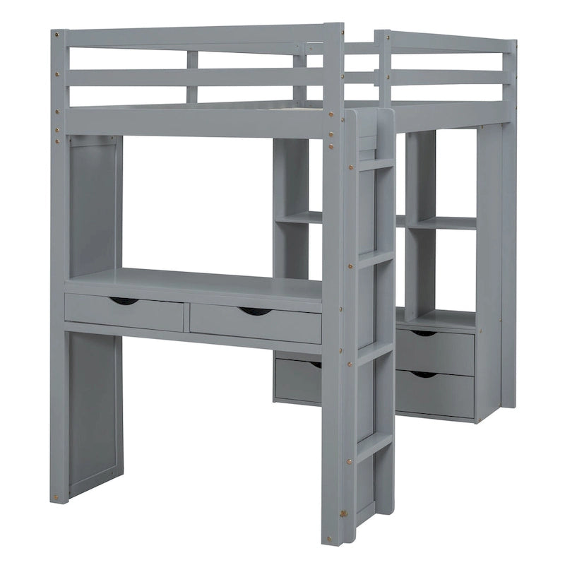 Lit mezzanine gris en bois massif, avec étagères, bureau et éclairage LED