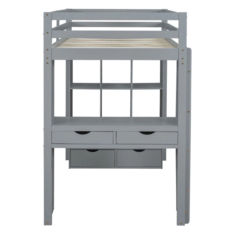 Lit mezzanine gris en bois massif, avec étagères, bureau et éclairage LED