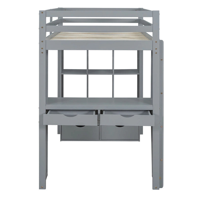 Lit mezzanine gris en bois massif, avec étagères, bureau et éclairage LED