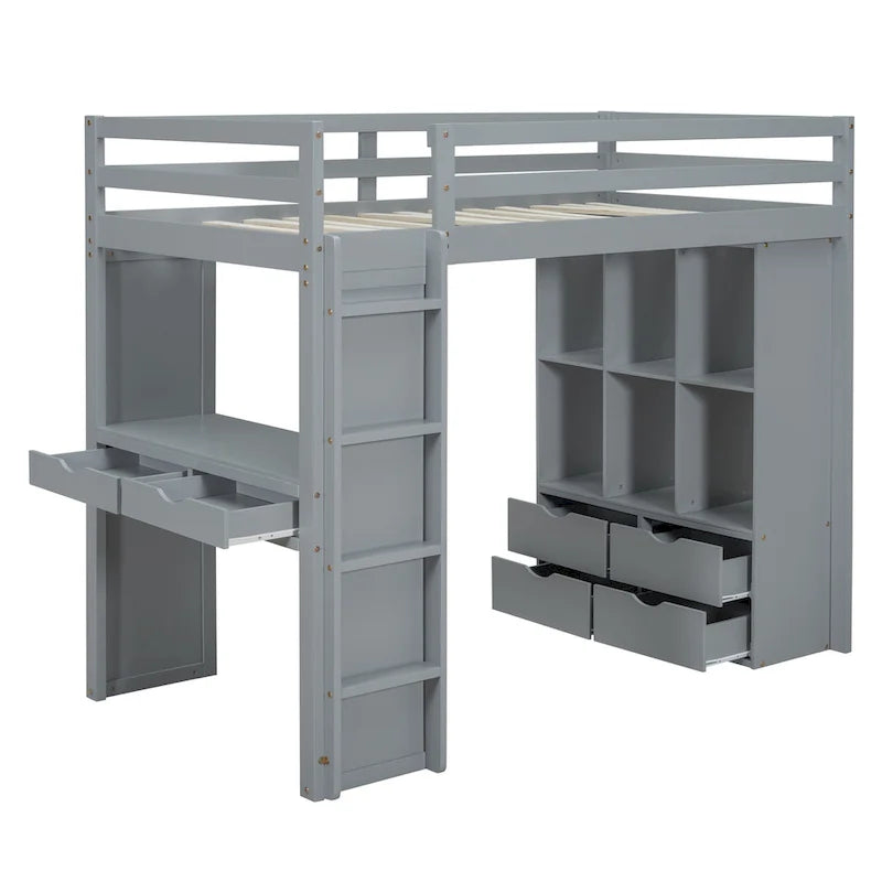 Lit mezzanine gris en bois massif, avec étagères, bureau et éclairage LED