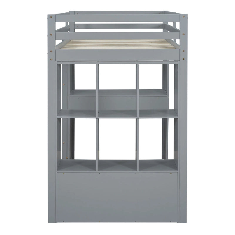 Lit mezzanine gris en bois massif, avec étagères, bureau et éclairage LED