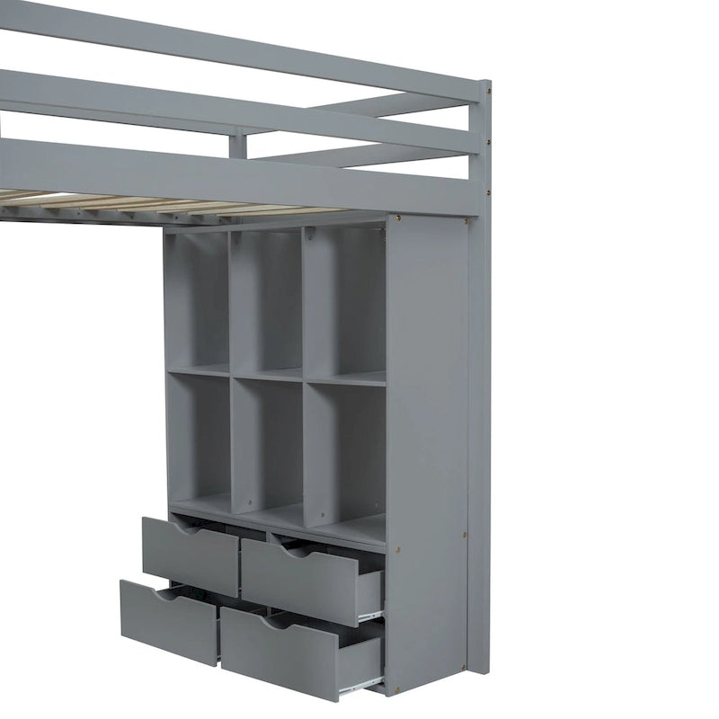 Lit mezzanine gris en bois massif, avec étagères, bureau et éclairage LED