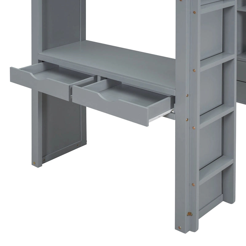 Lit mezzanine gris en bois massif, avec étagères, bureau et éclairage LED