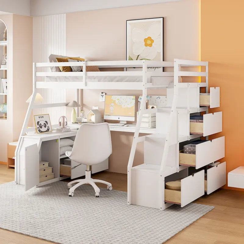Lit mezzanine blanc en bois taille standard avec tiroirs, étagères et bureau