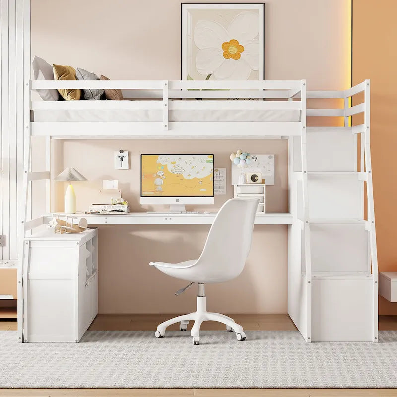Lit mezzanine blanc en bois taille standard avec tiroirs, étagères et bureau