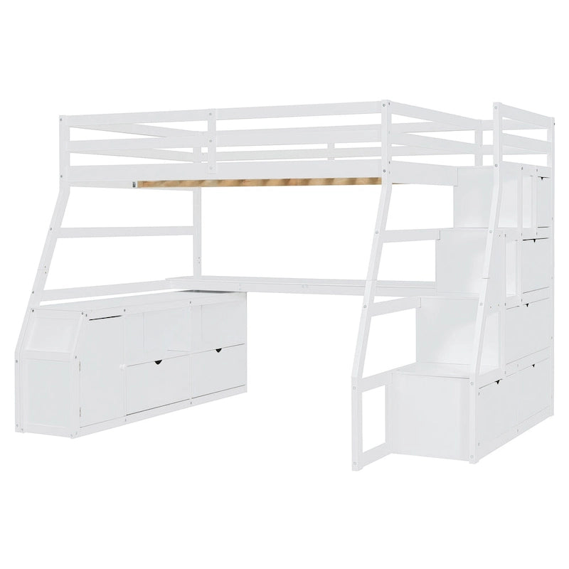 Lit mezzanine blanc en bois taille standard avec tiroirs, étagères et bureau