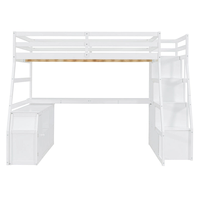 Lit mezzanine blanc en bois taille standard avec tiroirs, étagères et bureau