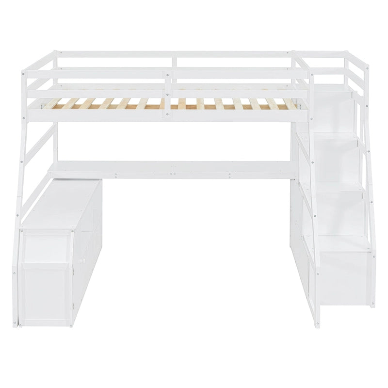 Lit mezzanine blanc en bois taille standard avec tiroirs, étagères et bureau
