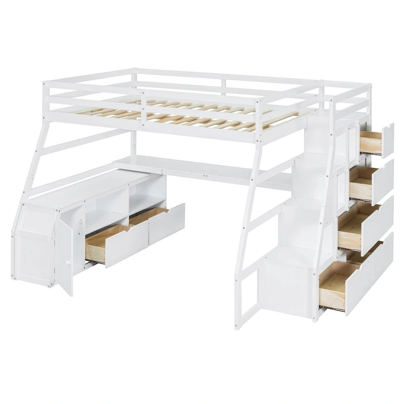 Lit mezzanine blanc en bois taille standard avec tiroirs, étagères et bureau