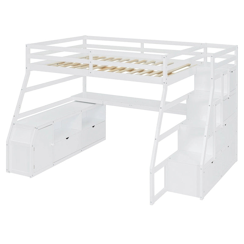 Lit mezzanine blanc en bois taille standard avec tiroirs, étagères et bureau