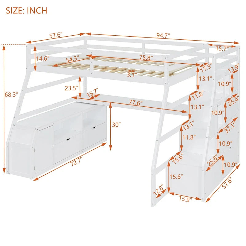 Lit mezzanine blanc en bois taille standard avec tiroirs, étagères et bureau