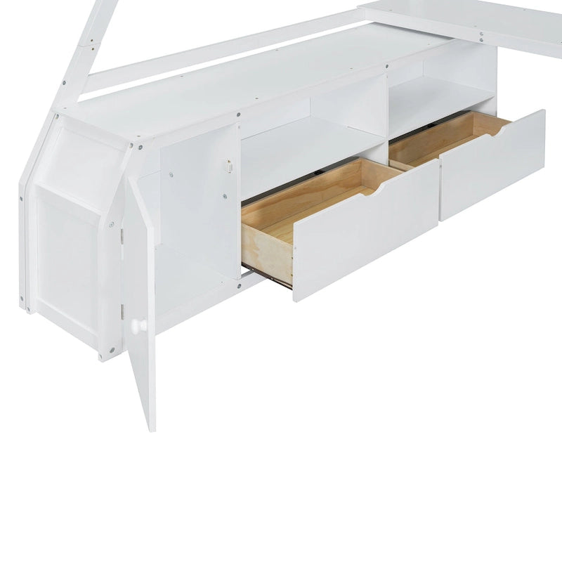 Lit mezzanine blanc en bois taille standard avec tiroirs, étagères et bureau
