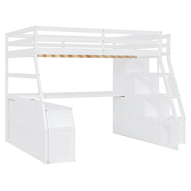 Lit mezzanine blanc en bois taille standard avec tiroirs, étagères et bureau