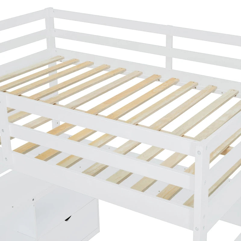 Lit mezzanine blanc en bois taille standard avec tiroirs, étagères et bureau