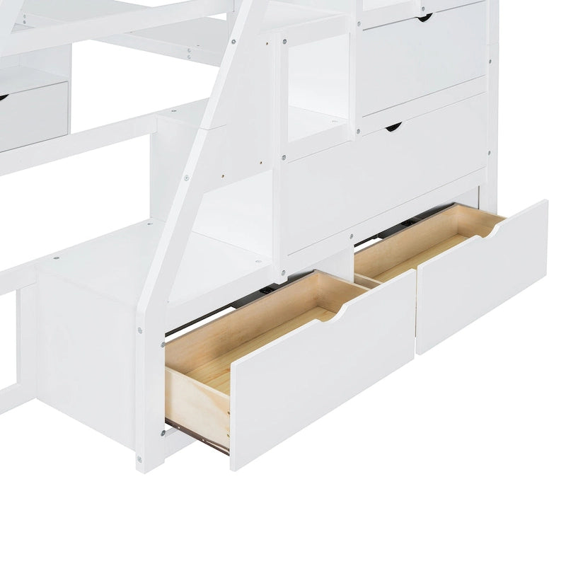Lit mezzanine blanc en bois taille standard avec tiroirs, étagères et bureau