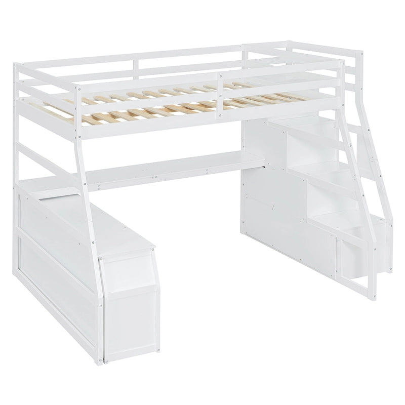 Lit mezzanine blanc en bois taille standard avec tiroirs, étagères et bureau