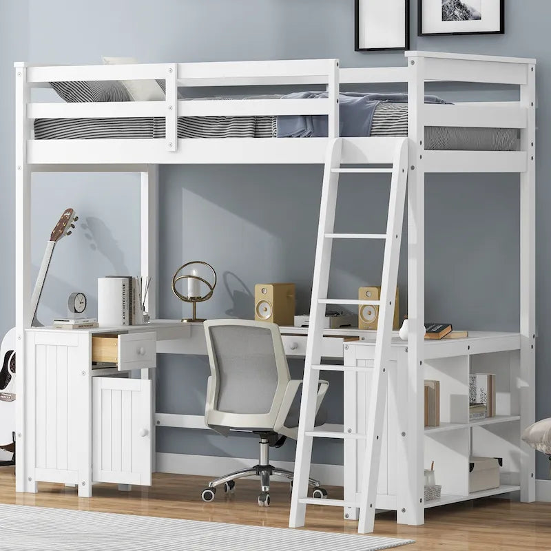 Lit mezzanine simple blanc en bois massif avec bureau, tableau noir et tiroirs