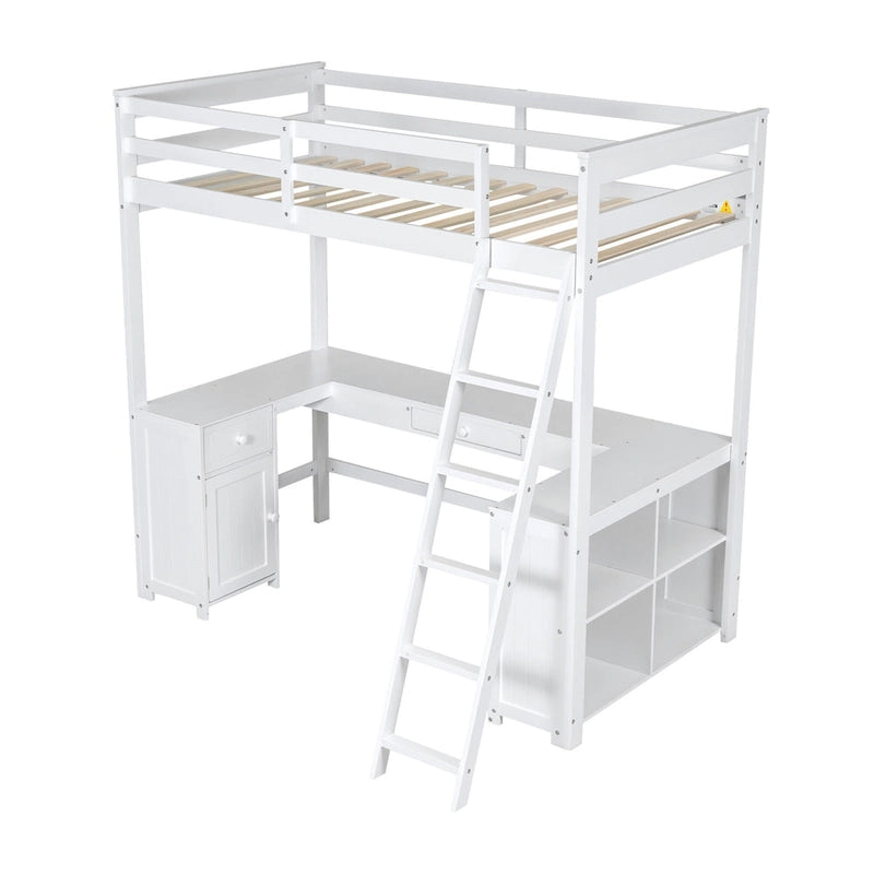 Lit mezzanine simple blanc en bois massif avec bureau, tableau noir et tiroirs