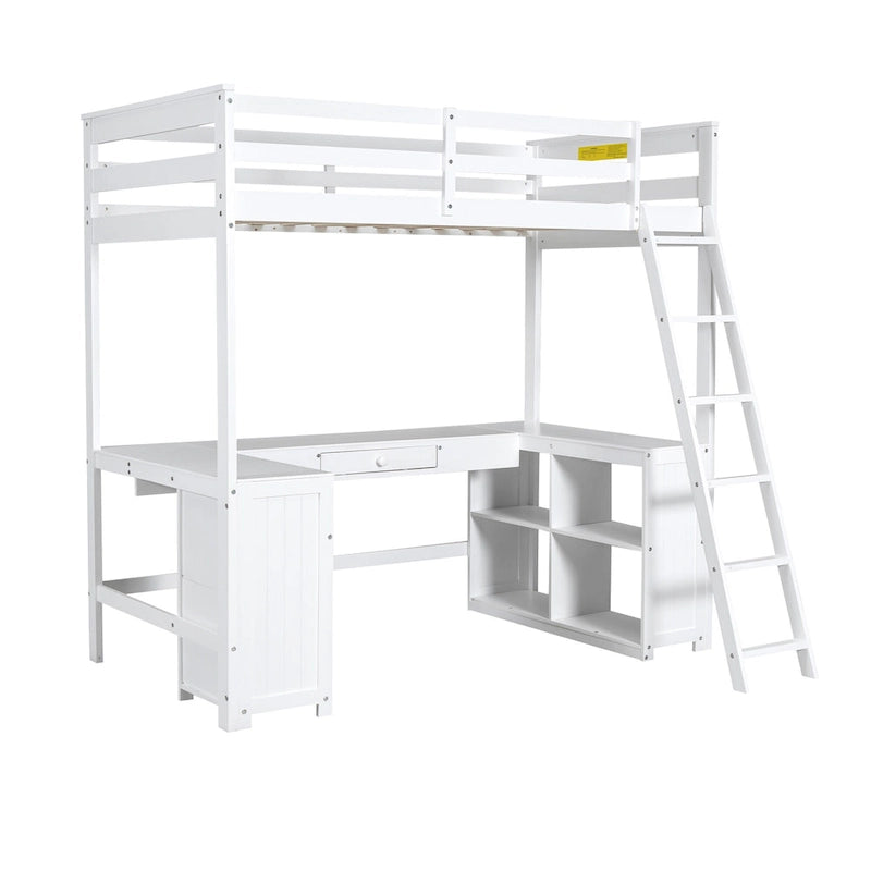 Lit mezzanine simple blanc en bois massif avec bureau, tableau noir et tiroirs