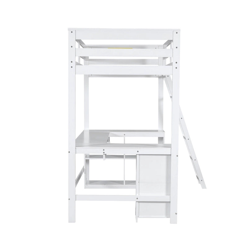Lit mezzanine simple blanc en bois massif avec bureau, tableau noir et tiroirs