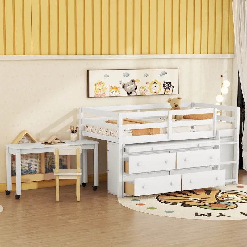 Lit mezzanine double en bois massif blanc avec bureau rétractable et tiroirs
