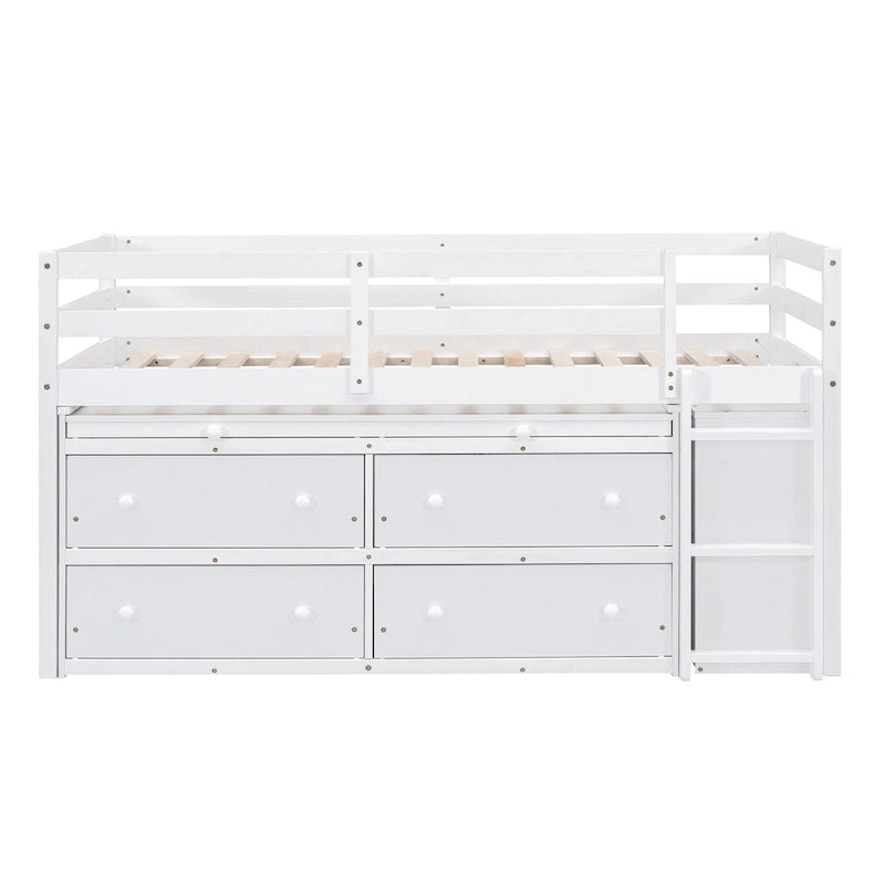 White Twin Size Solid Wood Loft Bed with Retractable Desk and Drawers