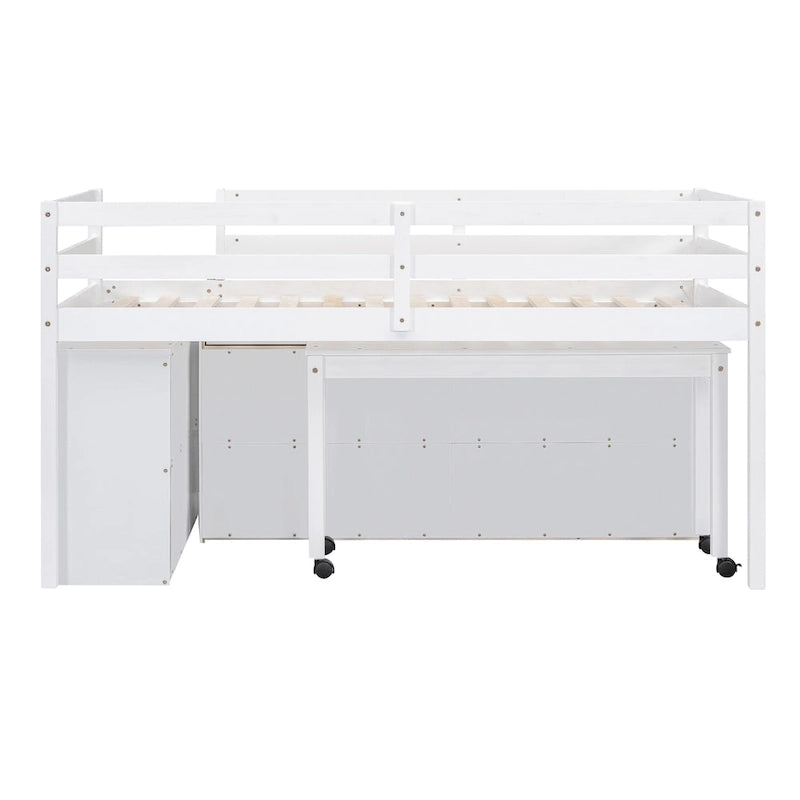 Lit mezzanine double en bois massif blanc avec bureau rétractable et tiroirs