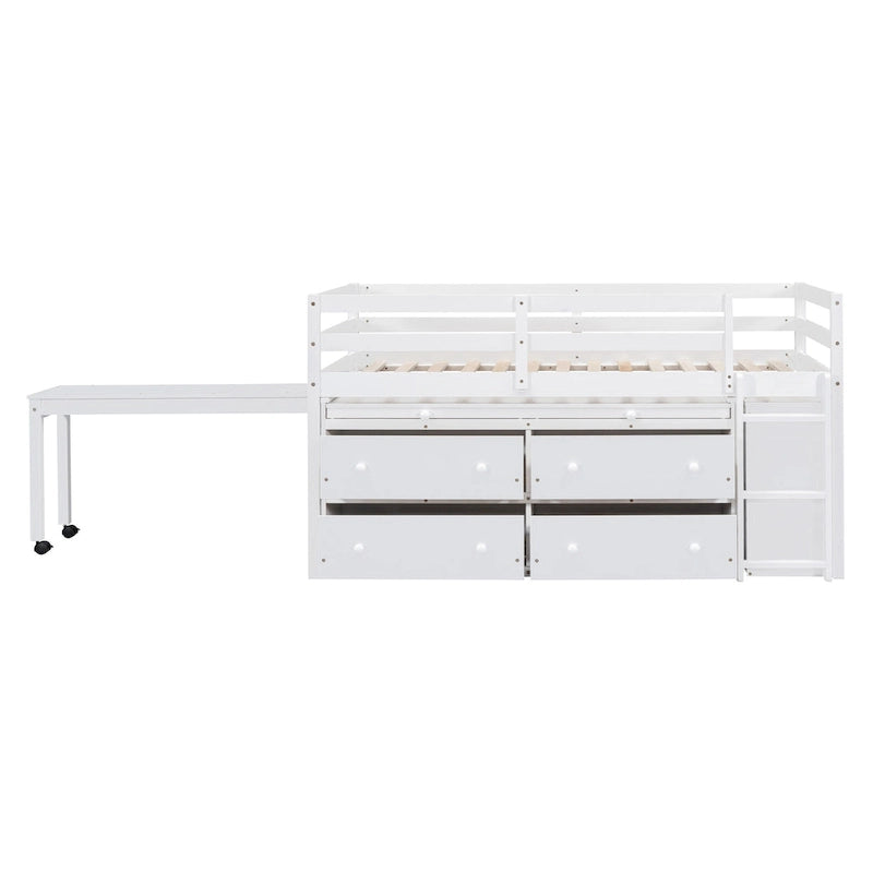 Lit mezzanine double en bois massif blanc avec bureau rétractable et tiroirs