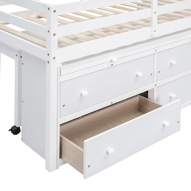 Lit mezzanine double en bois massif blanc avec bureau rétractable et tiroirs