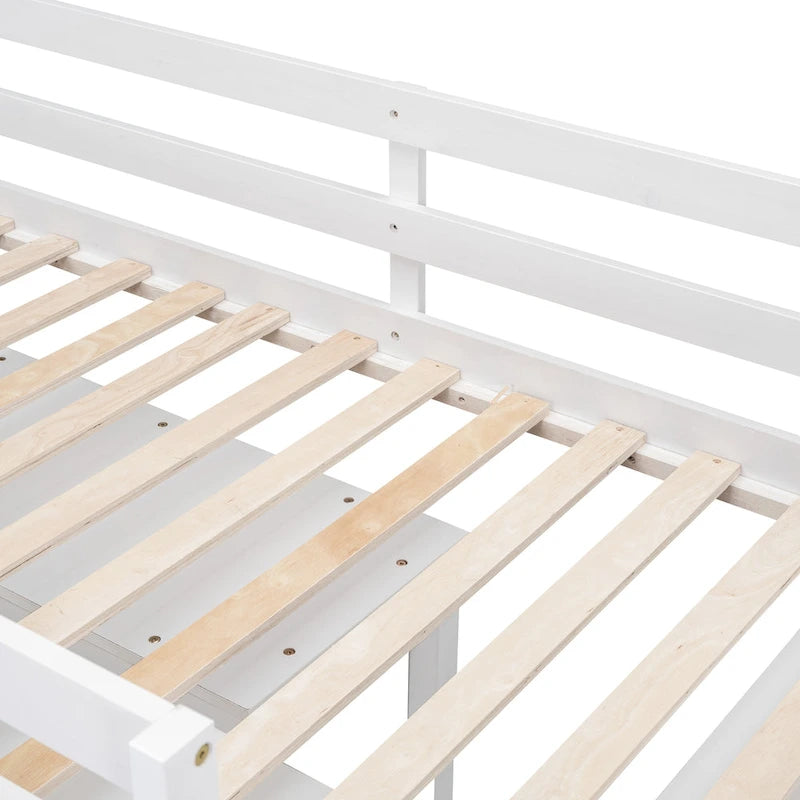 Lit mezzanine double en bois massif blanc avec bureau rétractable et tiroirs