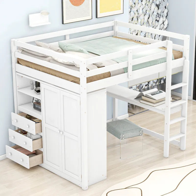 Lit mezzanine pleine grandeur blanc en bois massif avec armoire, bureau et étagères