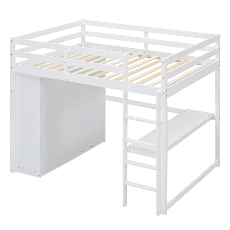 Lit mezzanine pleine grandeur blanc en bois massif avec armoire, bureau et étagères