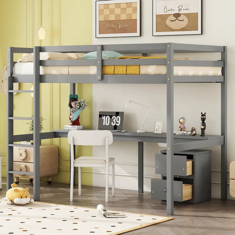 Lit mezzanine en bois gris pour jumeaux avec bureau, rangement et échelle